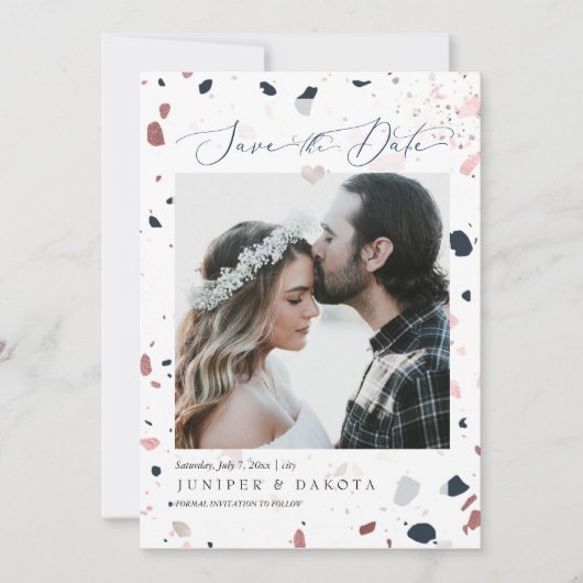 Invitation PixDezines Blue Blush Terrazzo, Date de sauvegarde (Devant)