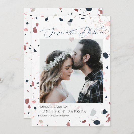 Invitation PixDezines Blue Blush Terrazzo, Photo Date d'enreg (Devant / Derrière)