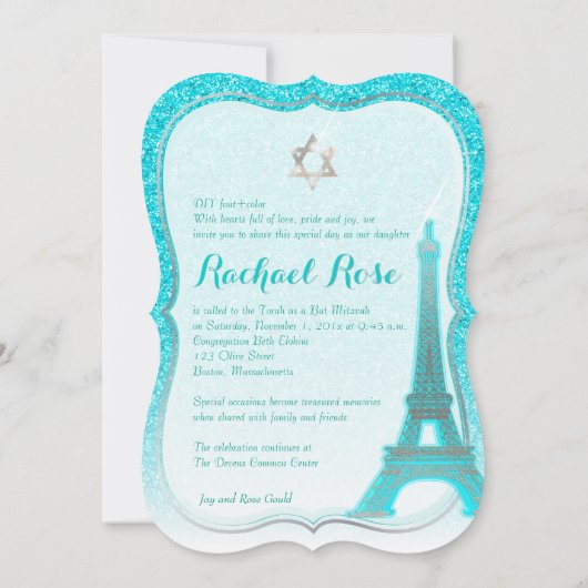 Invitation PixDezines Blue Faux Parties scintillant Tour Eiff (Dos)
