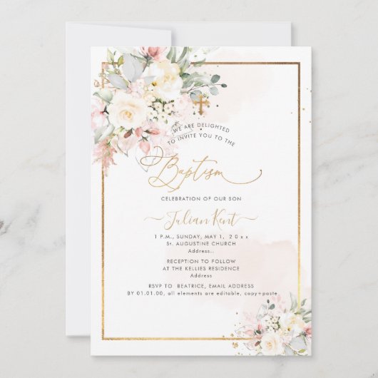 Invitation PixDezines Blush Alabaster Roses Baptême (Devant)