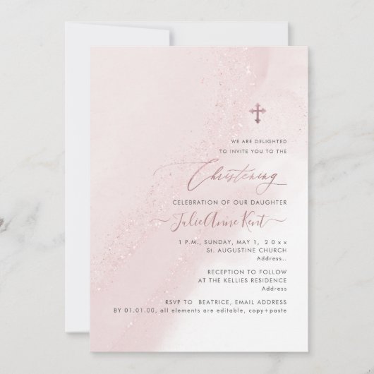 Invitation PixDezines Blush Rose Rose Gold Christening (Devant)