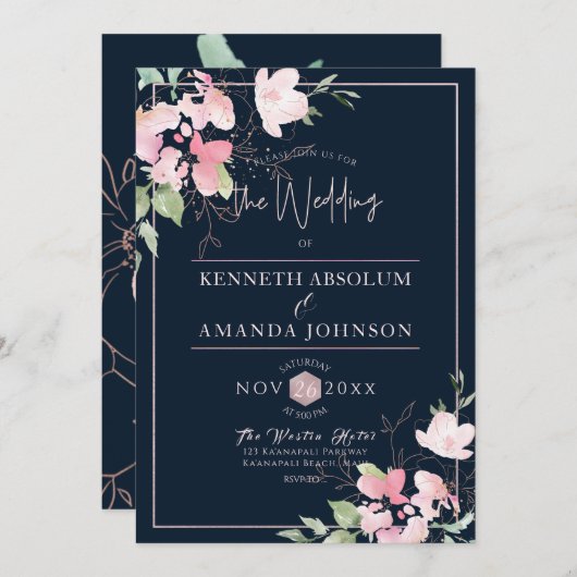 Invitation PixDezines Blushing Romance, Fleurs Aquarelles (Devant / Derrière)