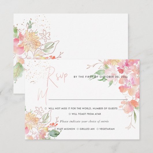 Invitation PixDezines Blushing Romance Floral RSVP w Repas (Devant / Derrière)