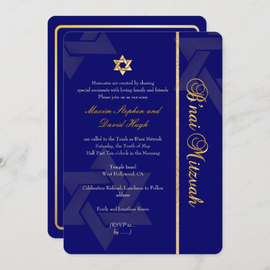 Invitation PixDezines Bnai Mitzvah/bleu foncé/or/do-it-yourse (Devant / Derrière)