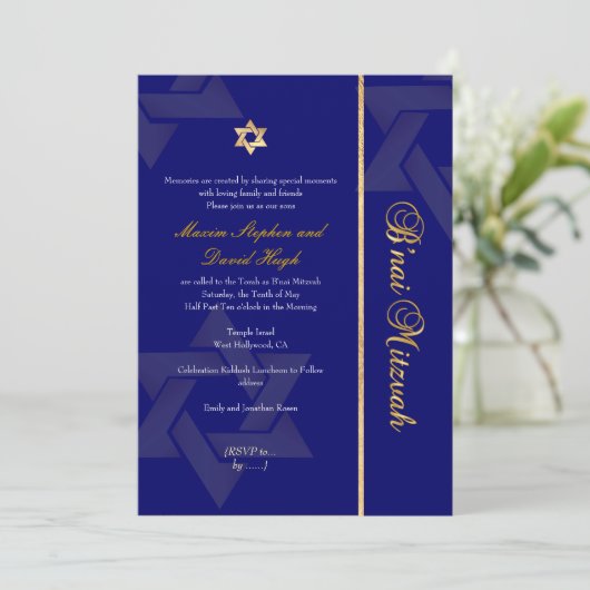 Invitation PixDezines Bnai Mitzvah/bleu foncé/or/do-it-yourse (Debout devant)