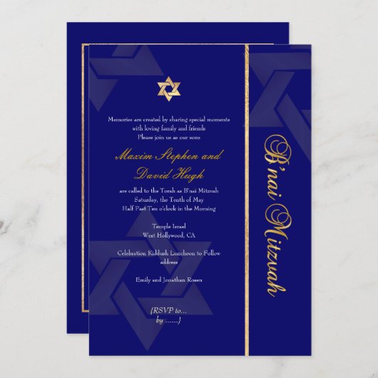 Invitation PixDezines Bnai Mitzvah/bleu foncé/or/do-it-yourse (Devant / Derrière)