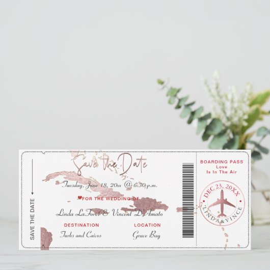 Invitation PixDezines Boarding Pass Save Date, Caribbean Map (Debout devant)