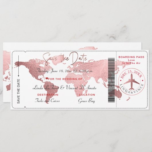 Invitation PixDezines Boarding Pass Save the Date, World Map (Devant / Derrière)