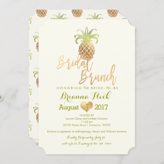 Invitation PixDezines Bridal Brunch/Faux Gold/Pineapples Card (Devant / Derrière)