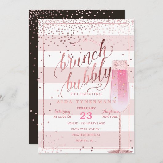 Invitation PixDezines Bruch+Bubbly Rose Gold Confetti (Devant / Derrière)