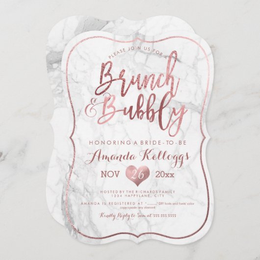 Invitation PixDezines Brunch Bubbly/Faux Rose Gold Marble (Devant / Derrière)