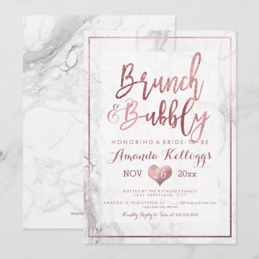 Invitation PixDezines Brunch Bubbly/Faux Rose Gold Marble (Devant / Derrière)