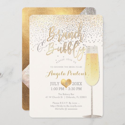 Invitation PixDezines Brunch Bubbly/Faux Silver+Gold Confetti (Devant / Derrière)