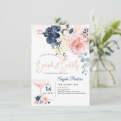 Invitation PixDezines Brunch Bubbly Navy Blush H2 fleurs (Debout devant)
