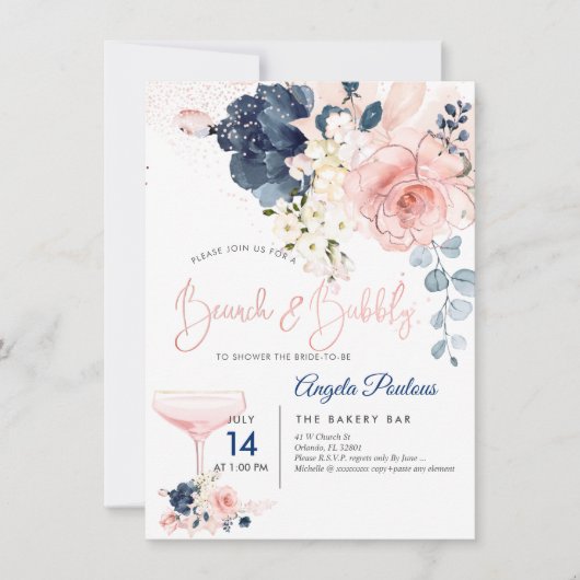 Invitation PixDezines Brunch Bubbly Navy Blush H2 fleurs (Devant)