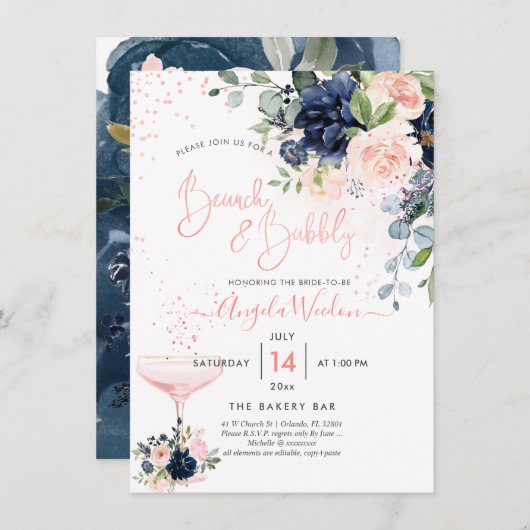 Invitation PixDezines Brunch Bubbly Navy Blush H2 fleurs Inv (Devant / Derrière)