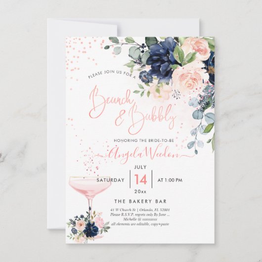 Invitation PixDezines Brunch Bubbly Navy Blush H2 fleurs Inv (Devant)