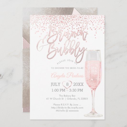 Invitation PixDezines Brunch Bubbly/Pink+Silver Confetti (Devant / Derrière)