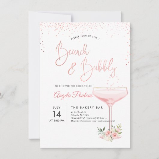 Invitation PixDezines Brunch Bubbly/verre de champagne rose (Devant)