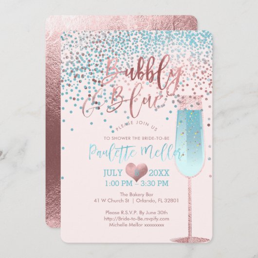 Invitation PixDezines Brunch N Bubbly/Rose Gold/Blue Confetti (Devant / Derrière)
