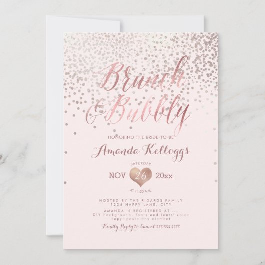 Invitation PixDezines Brunch N Bubbly/Rose Gold Confetti (Devant)