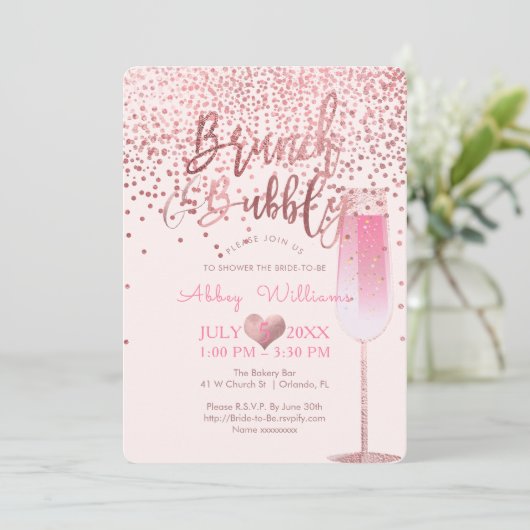 Invitation PixDezines Brunch N Bubbly/Rose Gold/Confetti (Debout devant)