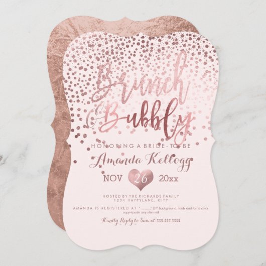Invitation PixDezines Brunch N Bubbly/Rose Gold Confetti (Devant / Derrière)