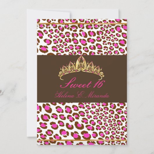 Invitation PixDezines chocolat Tiara+Leopard Sweet 16/rose (Devant)