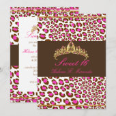 Invitation PixDezines chocolat Tiara+Leopard Sweet 16/rose (Devant / Derrière)