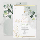 Invitation PixDezines Communions rustiques à l'aquarelle Euca (Devant / Derrière)