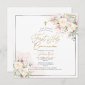 Invitation PixDezines Crème Bleue Roses Première Sainte Commu (Devant / Derrière)