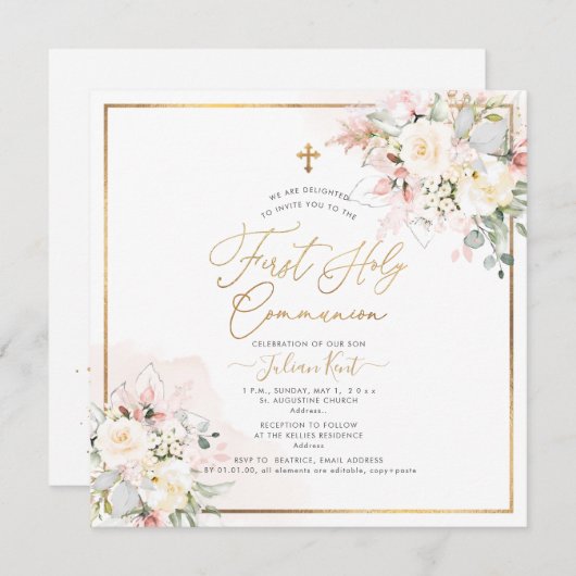 Invitation PixDezines Crème Bleue Roses Première Sainte Commu (Devant / Derrière)