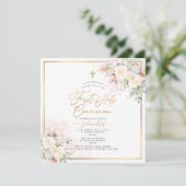 Invitation PixDezines Crème Bleue Roses Première Sainte Commu (Debout devant)