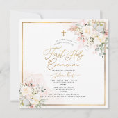 Invitation PixDezines Crème Bleue Roses Première Sainte Commu (Devant)