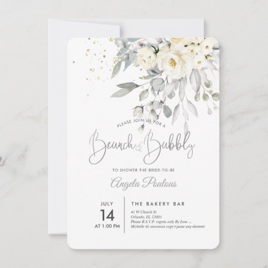 Invitation PixDezines Crème Roses Eucalyptus Brunch+Bubbly (Devant)