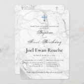 Invitation PixDezines Croix Bleue Marbre Baptême 1er annivers (Devant / Derrière)