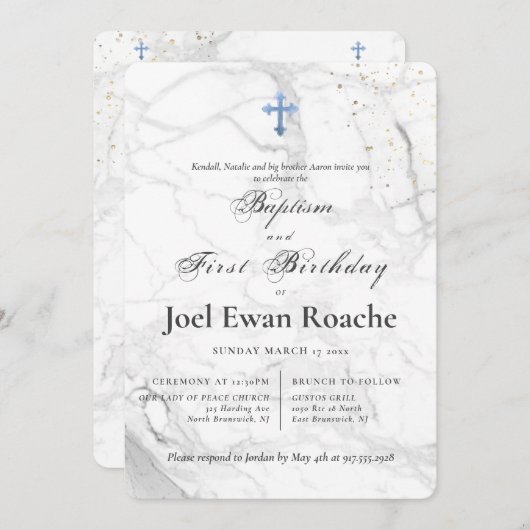 Invitation PixDezines Croix Bleue Marbre Baptême 1er annivers (Devant / Derrière)