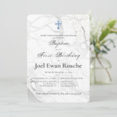 Invitation PixDezines Croix Bleue Marbre Baptême 1er annivers (Debout devant)