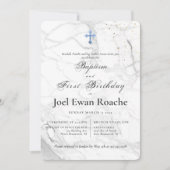 Invitation PixDezines Croix Bleue Marbre Baptême 1er annivers (Devant)