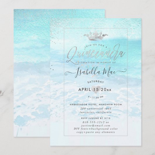 Invitation PixDezines Crystal Blue BeachShoreline Quinceanera (Devant / Derrière)
