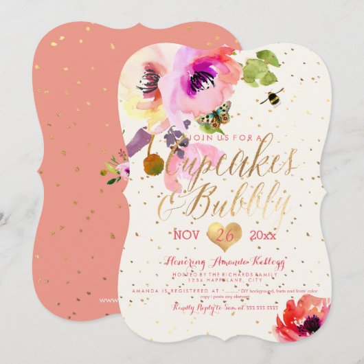 Invitation PixDezines Cupcakes Floraux Aquarelle + Pétillant (Devant / Derrière)