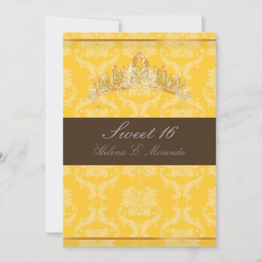 Invitation PixDezines Damask Sweet 16/ tiara/jaune+chocolat (Devant)