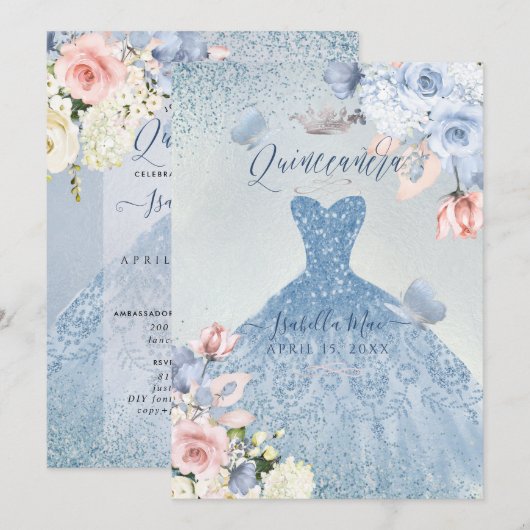 Invitation PixDezines Dusty Blue Blush Rose Quinceanera (Devant / Derrière)