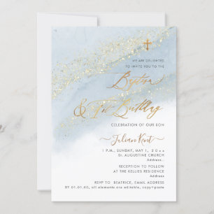 Invitation PixDezines Dusty Blue Gold Baptême+1er anniversair