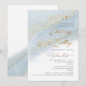 Invitation PixDezines Dusty Blue Gold Christening 1er BD (Devant / Derrière)