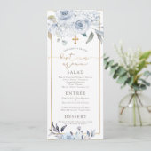 Invitation PixDezines Dusty Blue H2 Fleurs Baptême Menu (Debout devant)