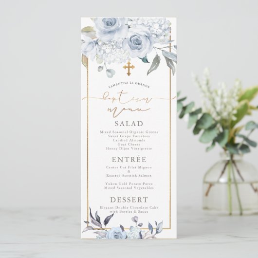 Invitation PixDezines Dusty Blue H2 Fleurs Baptême Menu (Debout devant)