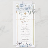 Invitation PixDezines Dusty Blue H2 Fleurs Baptême Menu (Devant)