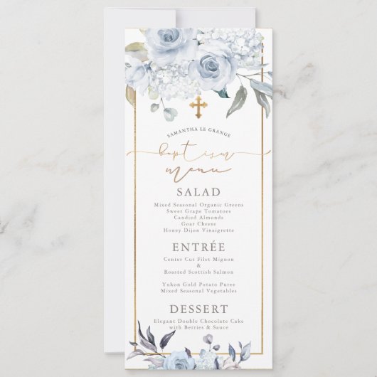Invitation PixDezines Dusty Blue H2 Fleurs Baptême Menu (Devant)