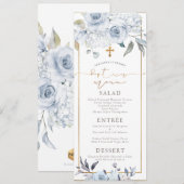 Invitation PixDezines Dusty Blue H2 Fleurs Menu Baptême (Devant / Derrière)